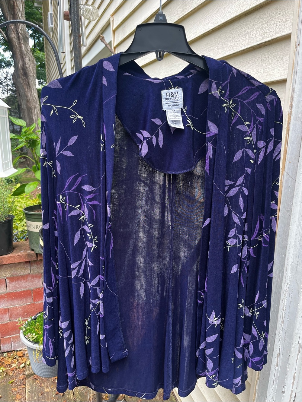 R&M Richards Navy and Lavender Floral Open-Front Cardigan